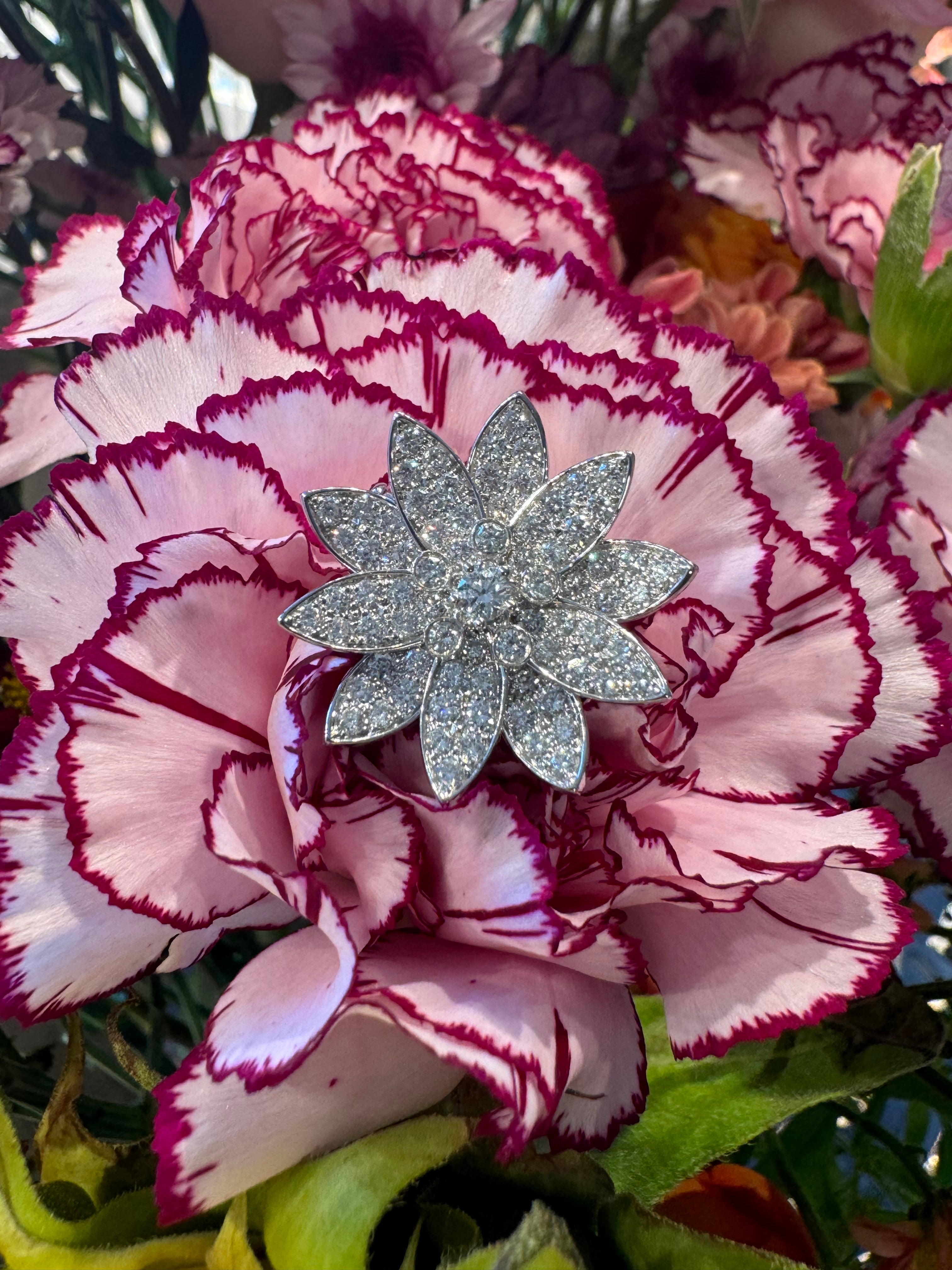 Lab-grown diamond 18K white gold lotus brooch (chain not included)