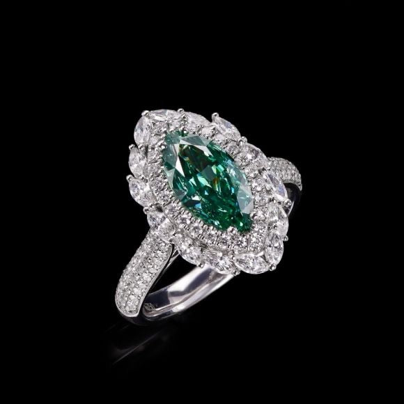 18K fancy-shaped diamonds set with green diamonds luxury diamond ring