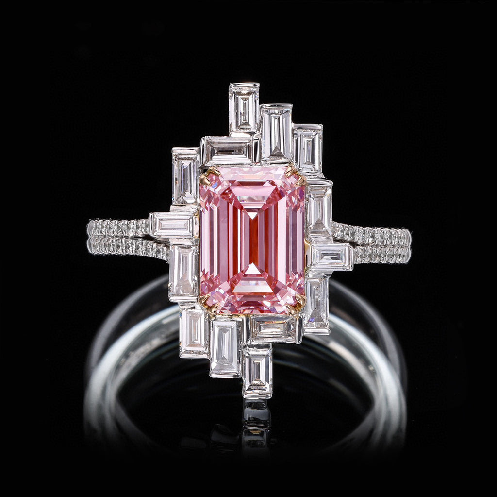 18K fancy-shaped pink diamond ring with white diamond accents