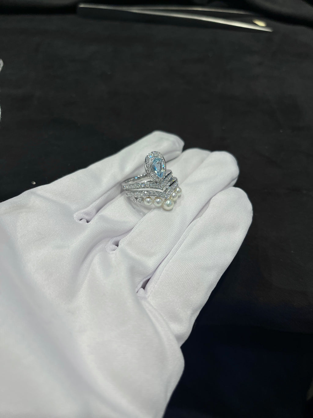 Lab-grown diamond PT950 platinum aquamarine pearl set ring with diamonds