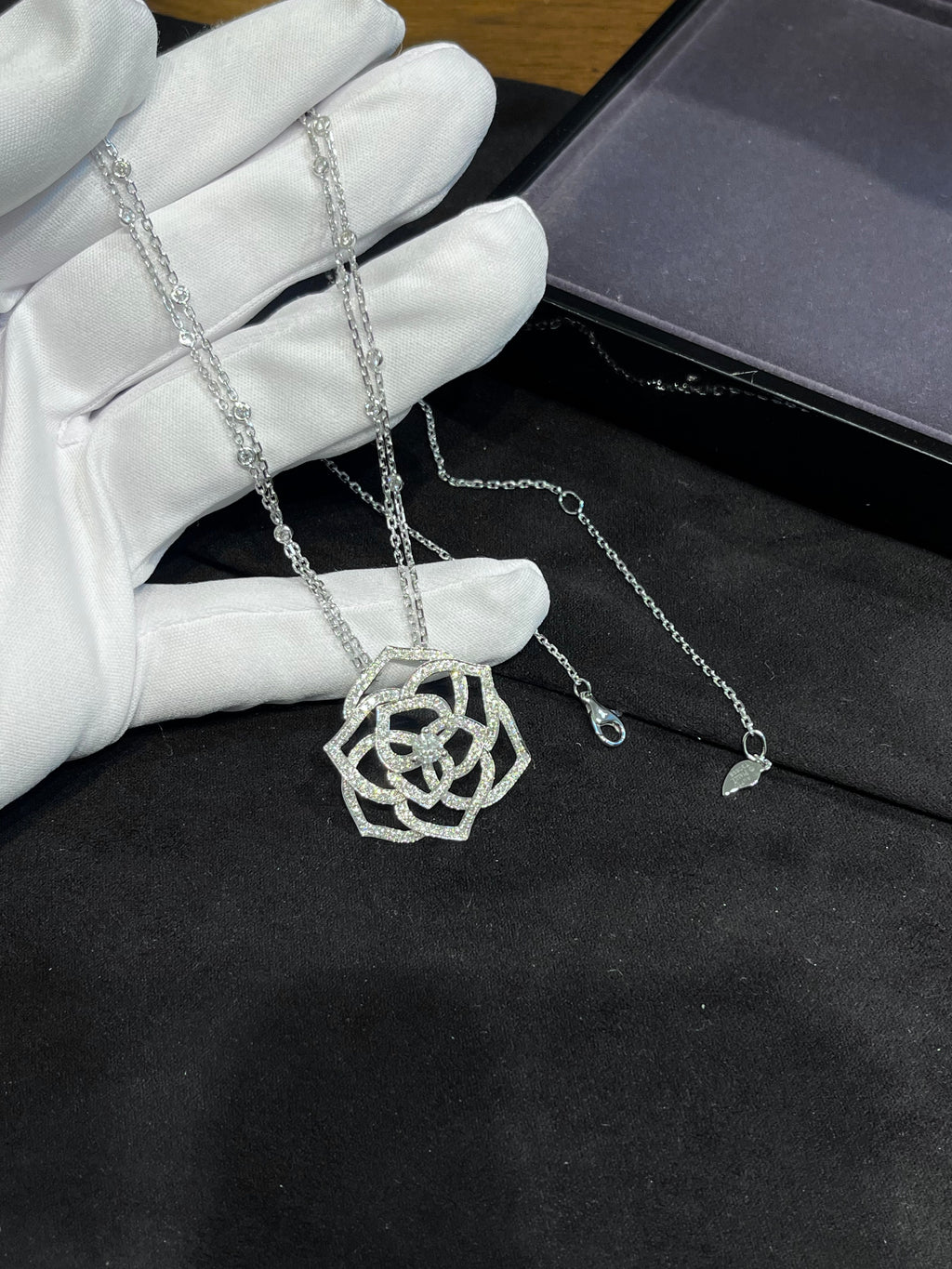 Lab-grown diamond 18K white gold rose double chain diamond necklace