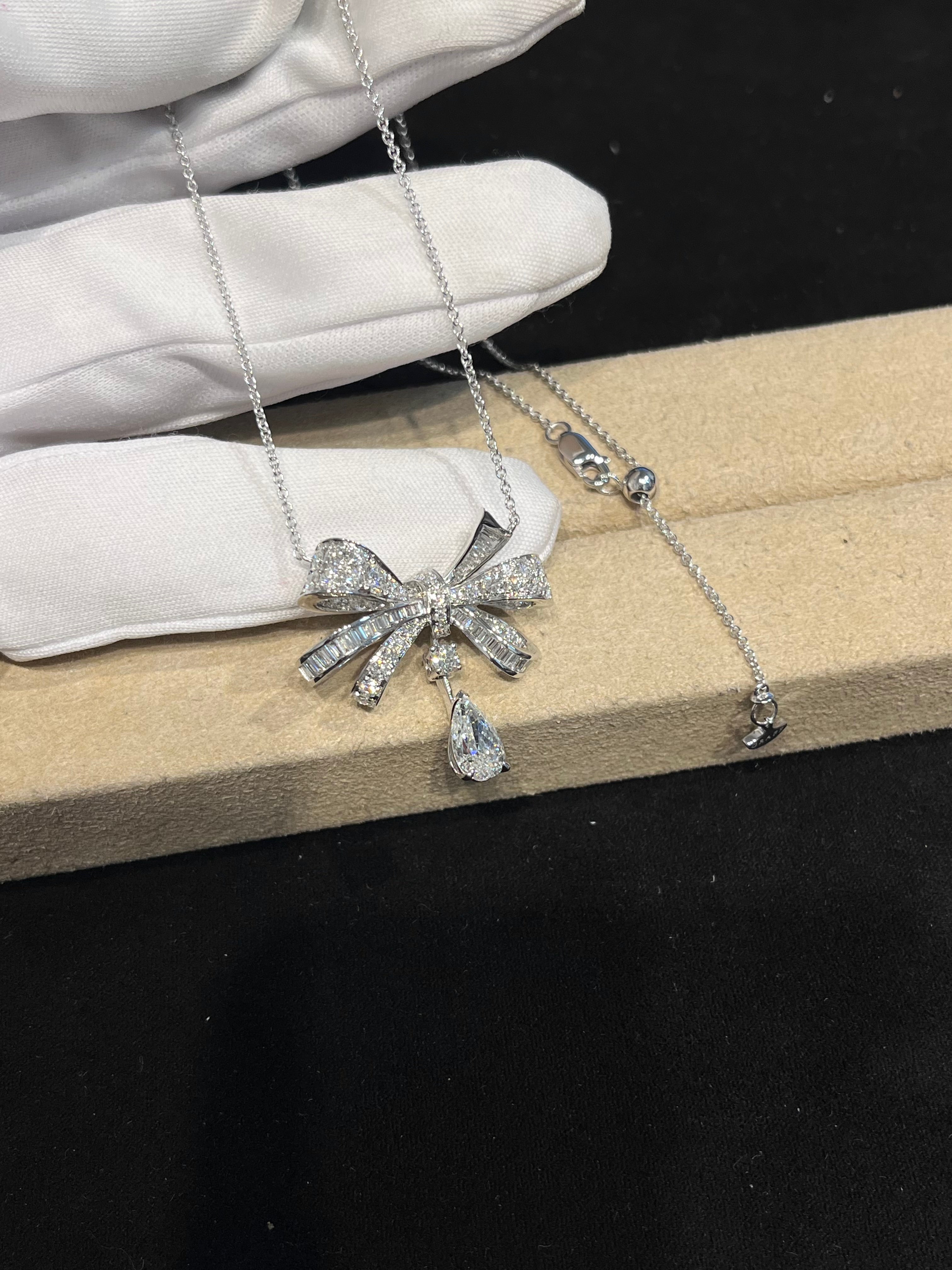 Lab-grown diamond 18K white gold bow necklace with teardrop diamonds