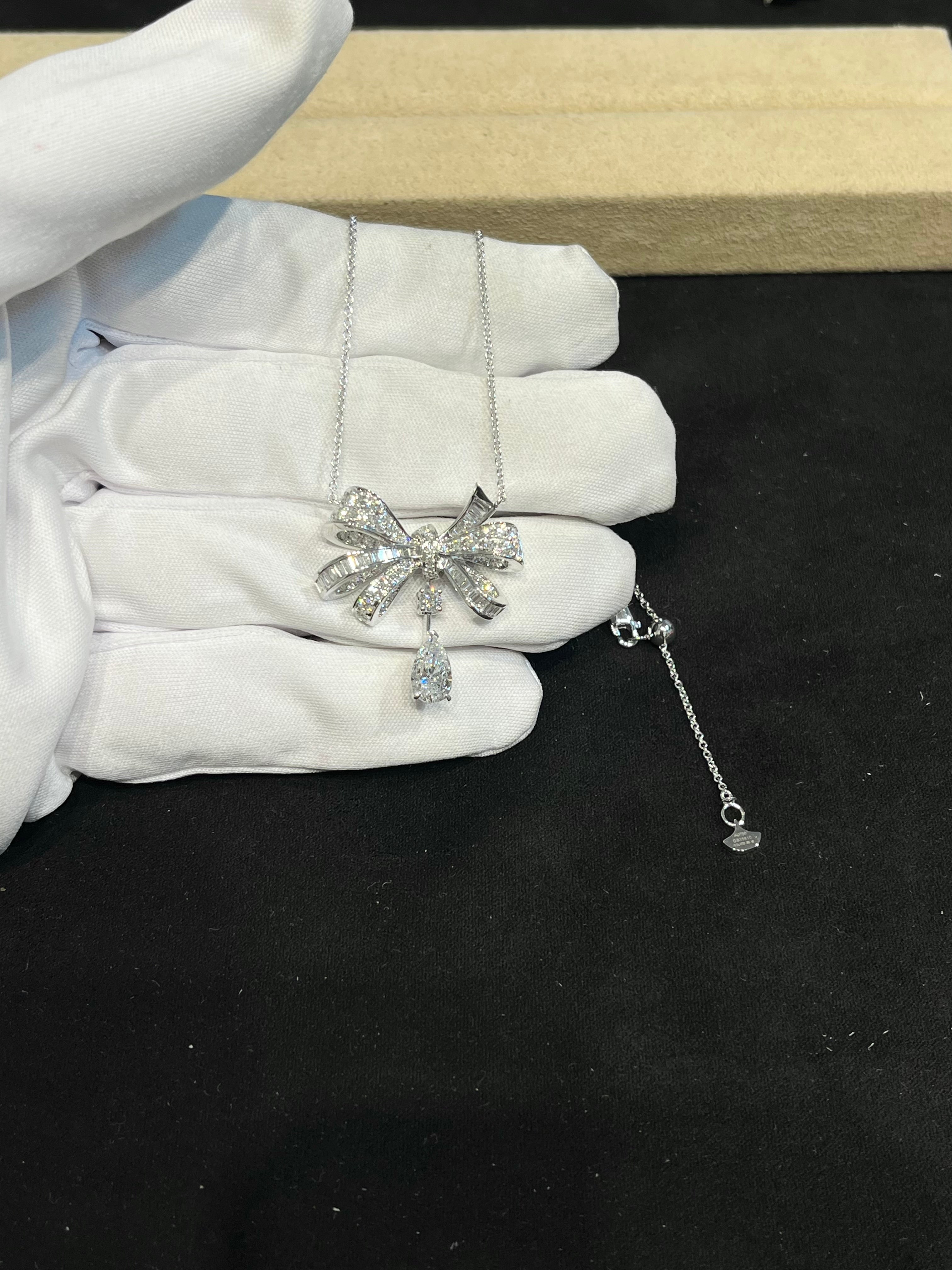 Lab-grown diamond 18K white gold bow necklace with teardrop diamonds