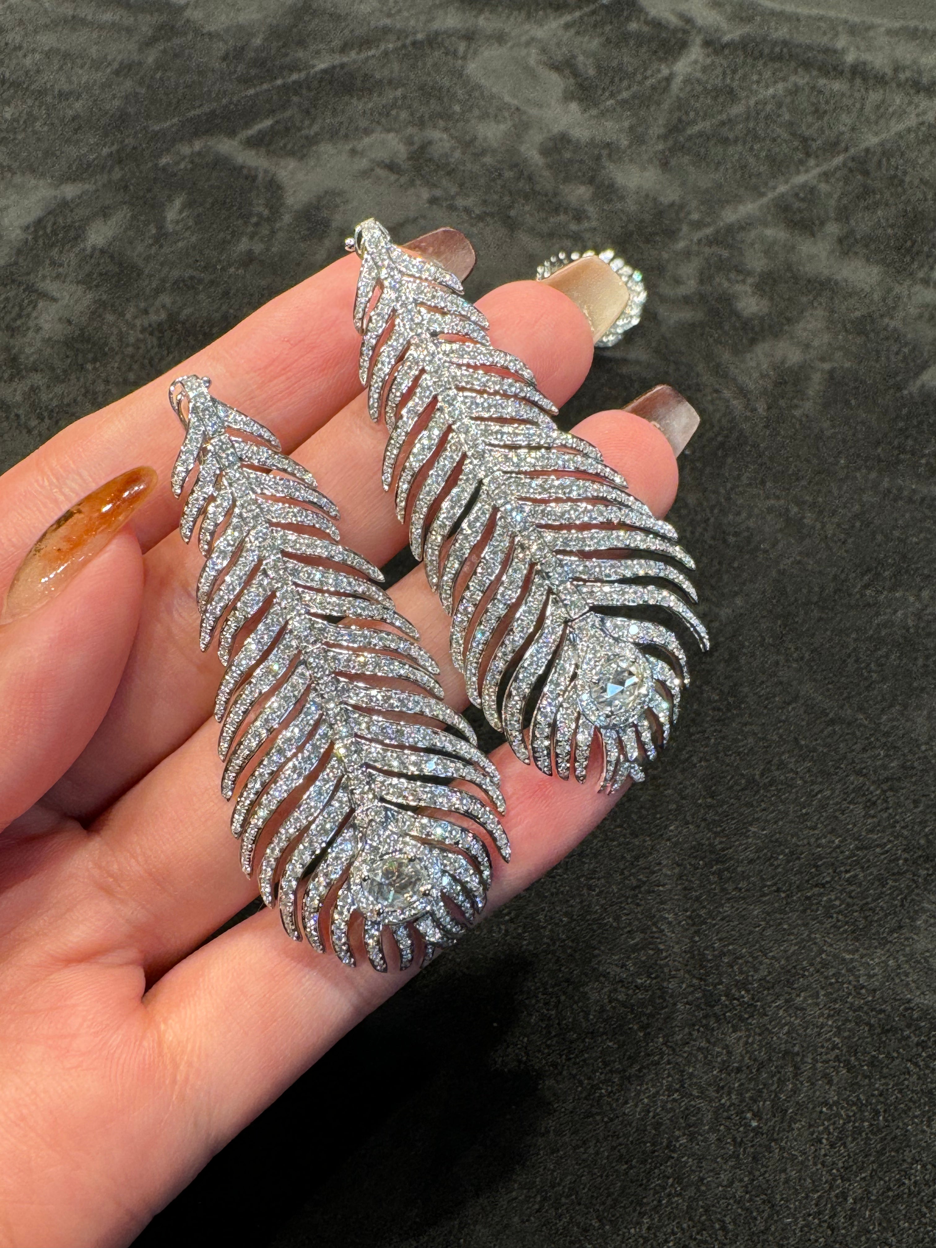 18K Gold Large Feather Diamond Earrings