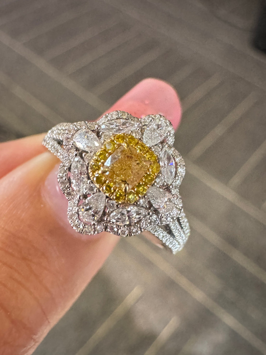 Lab-grown diamond 18K white gold and yellow diamond luxury ring with 80-point center stone and pavé diamonds