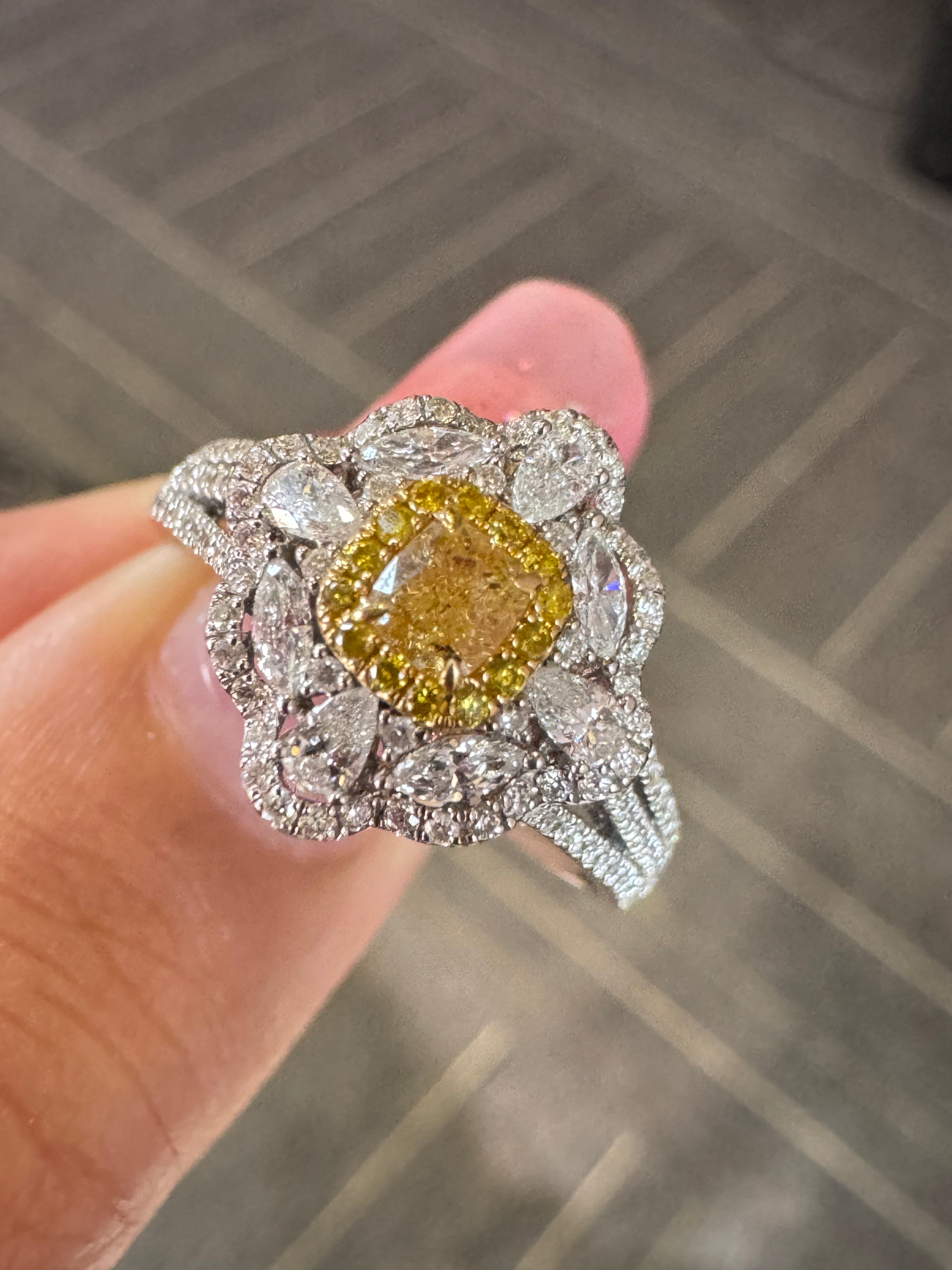 Lab-grown diamond 18K white gold and yellow diamond luxury ring with 80-point center stone and pavé diamonds