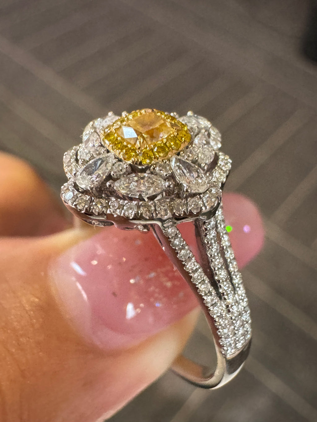 Lab-grown diamond 18K white gold and yellow diamond luxury ring with 80-point center stone and pavé diamonds