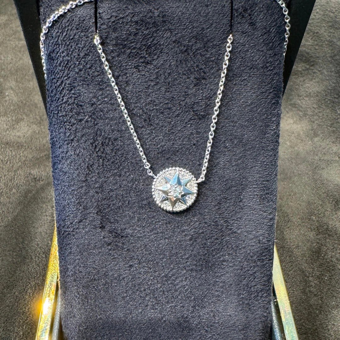 Lab-grown diamond 18K white gold rose compass full diamond necklace, reversible.