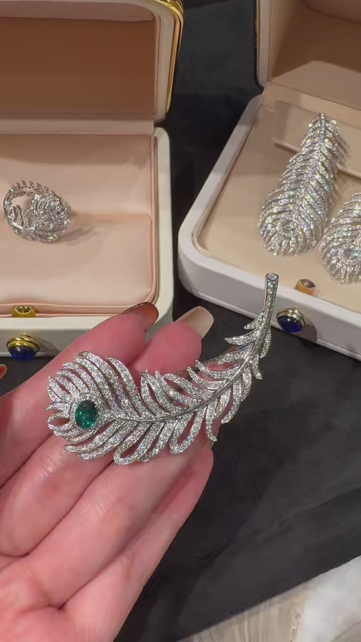 18K large luxury feather brooch, main stone available in different colors.