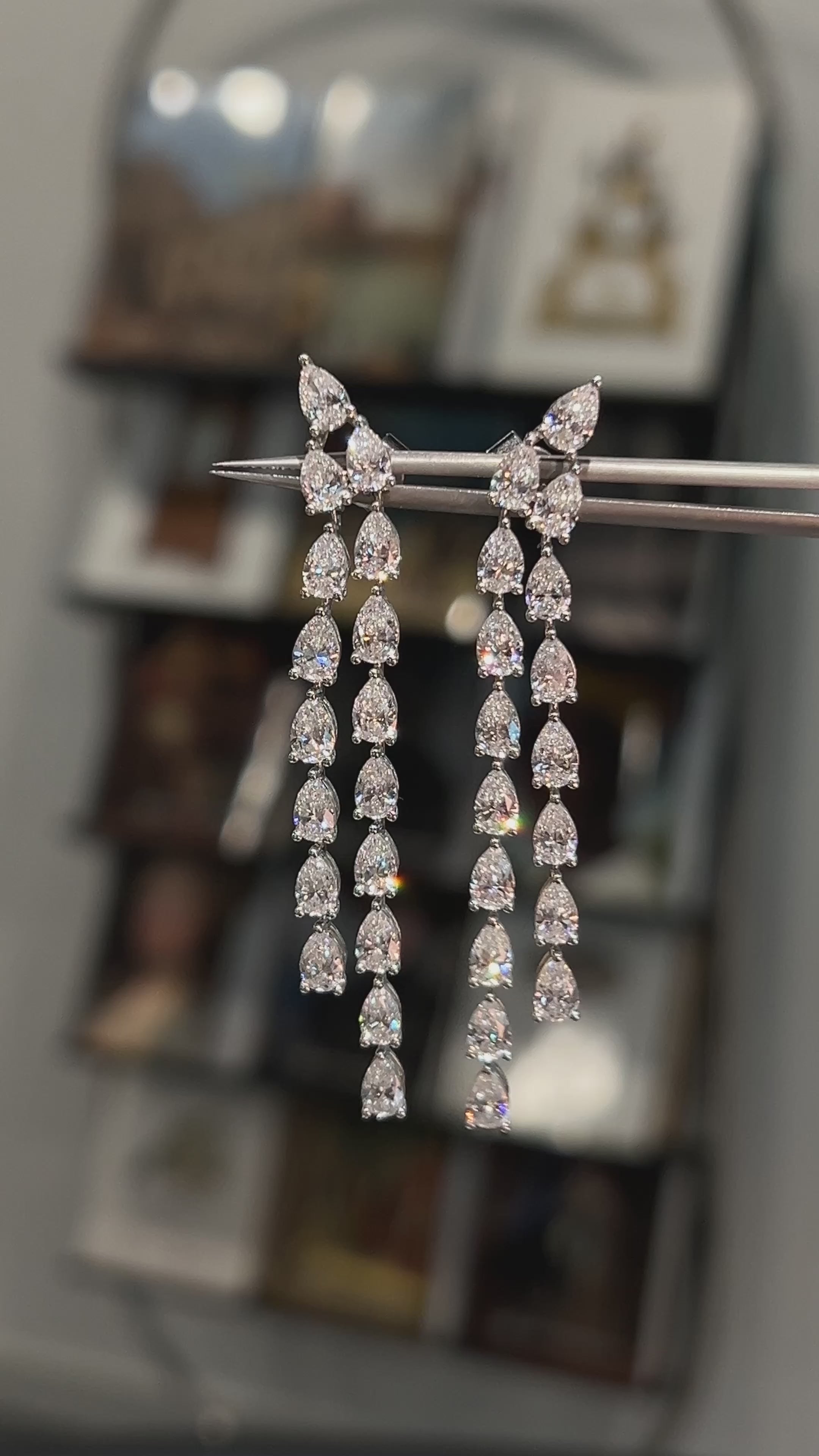 18K fancy-shaped diamond teardrop waterfall diamond stud earrings