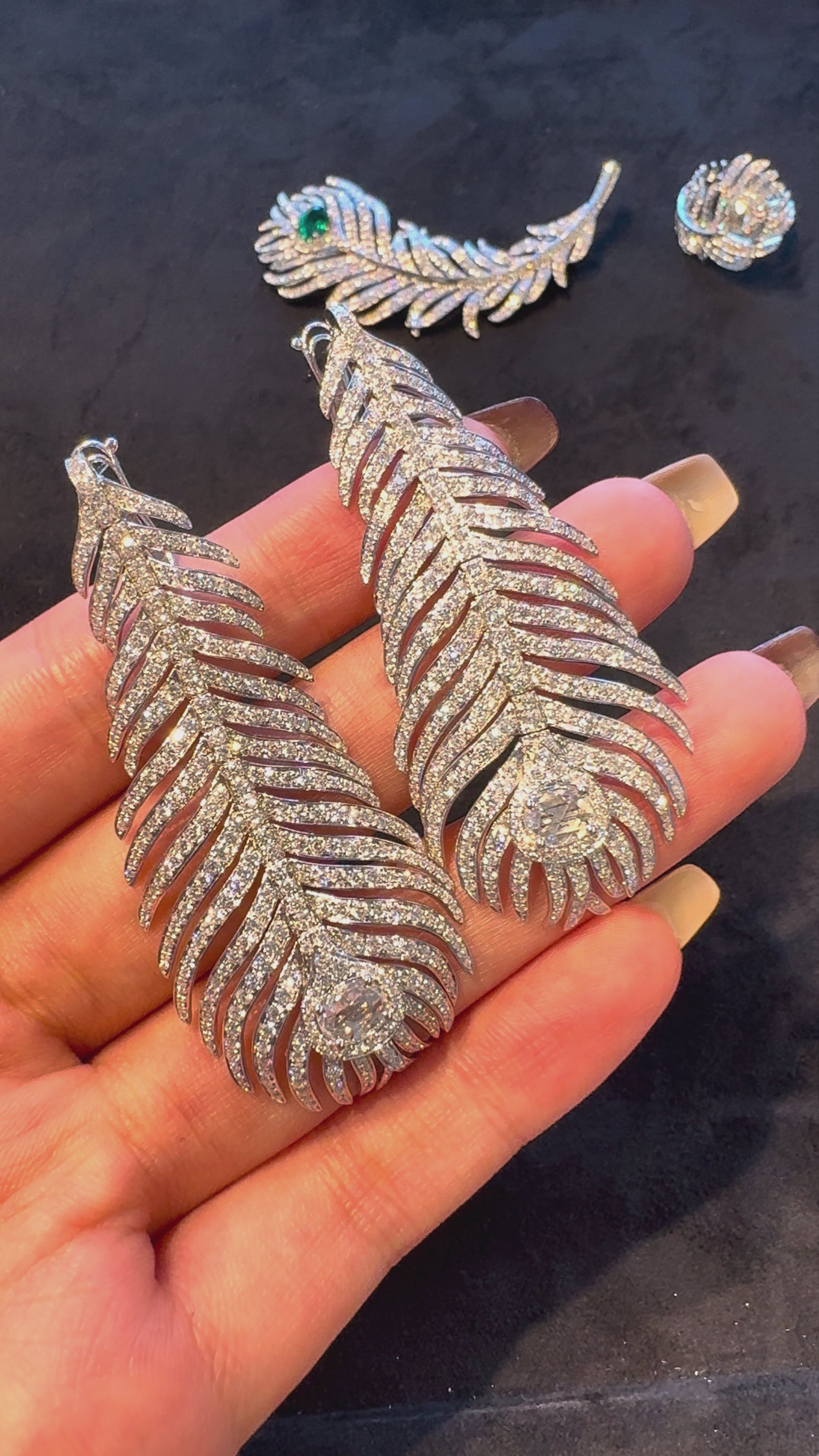 18K Gold Large Feather Diamond Earrings